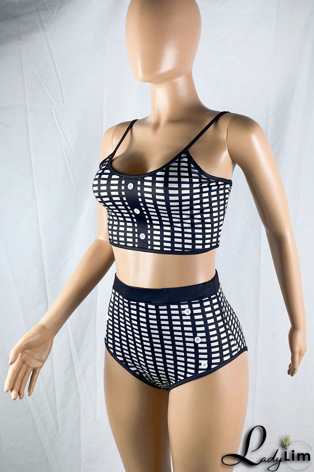 Blue Sexy Print Split Joint Buttons Spaghetti Strap Sleeveless Two Pieces