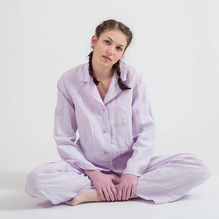 Long Sleeve Linen Pajama Set For Women-ChouChouHome