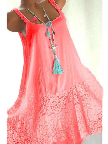 Women Sleeveless U-neck Lace Mini Dress