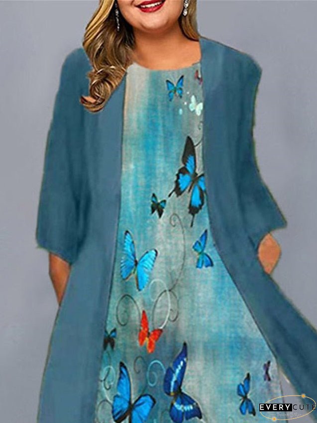 Plus Size Casual Dress Set-Two Piece Animal Butterfly Long Maxi Length Sleeve Print Crew