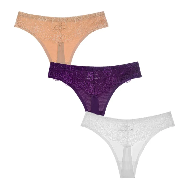 3Pcs/Lot Sexy Women G-string Thongs Lace Floral Sheer Low Waist Underwear Soft Lingerie Ice Silk Briefs Seamless Panties Soft