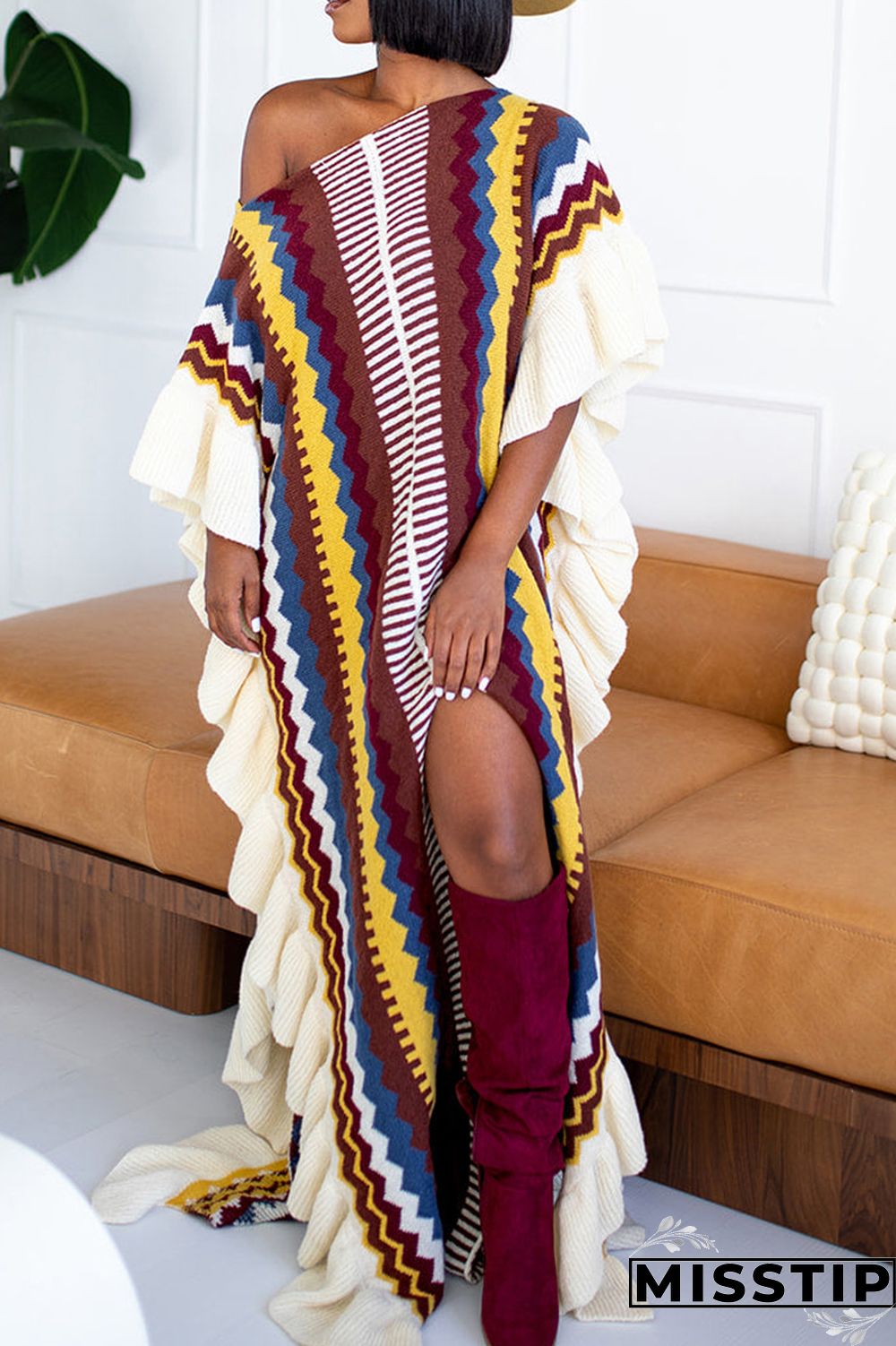 Blue Casual Print Patchwork Flounce Slit O Neck Straight Dresses