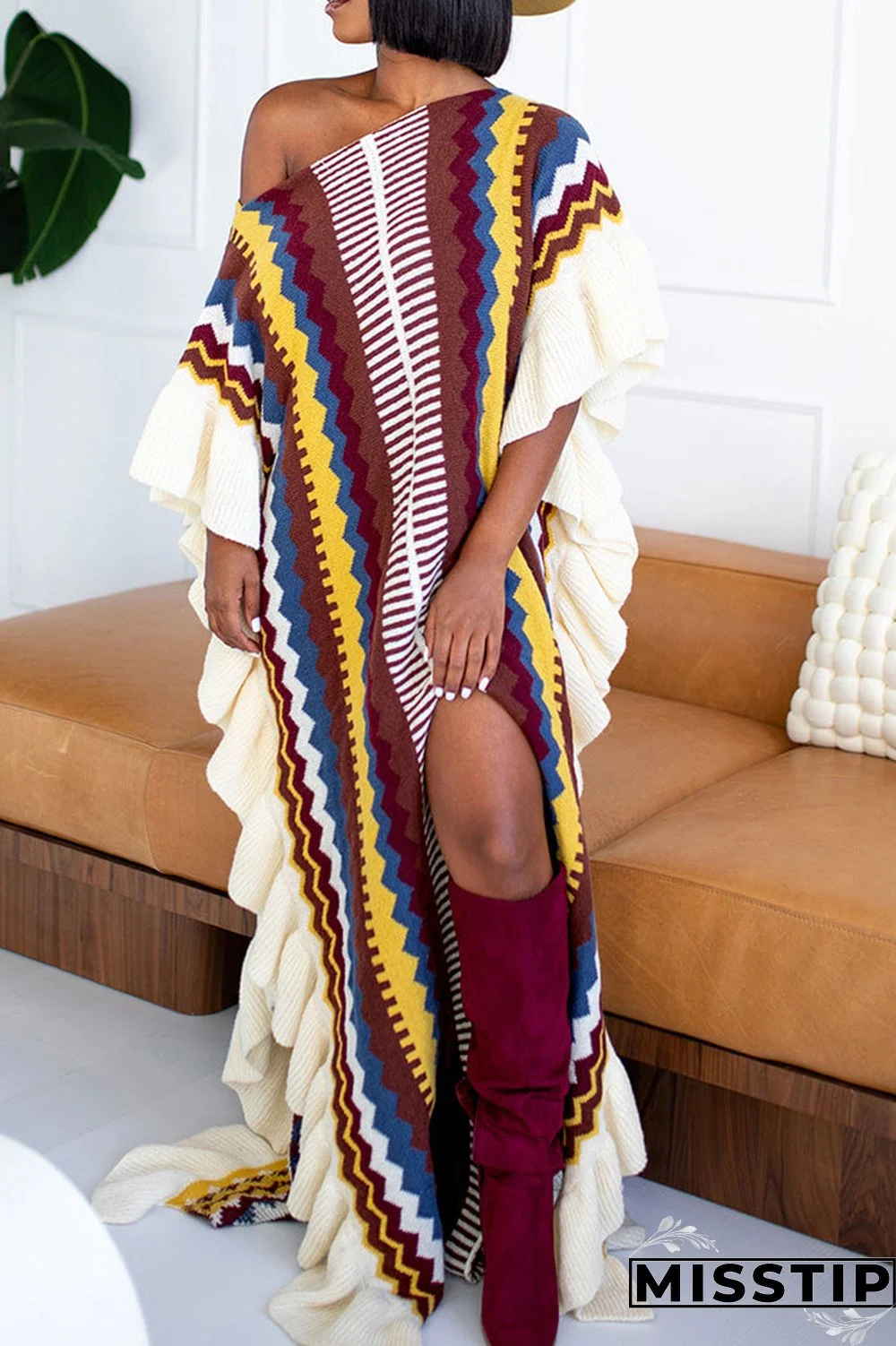 Blue Casual Print Patchwork Flounce Slit O Neck Straight Dresses