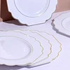 10 Pack | 11" White Hard Plastic Dinner Plates, Disposable Tableware, Baroque Heavy Duty Plates with Gold Rim