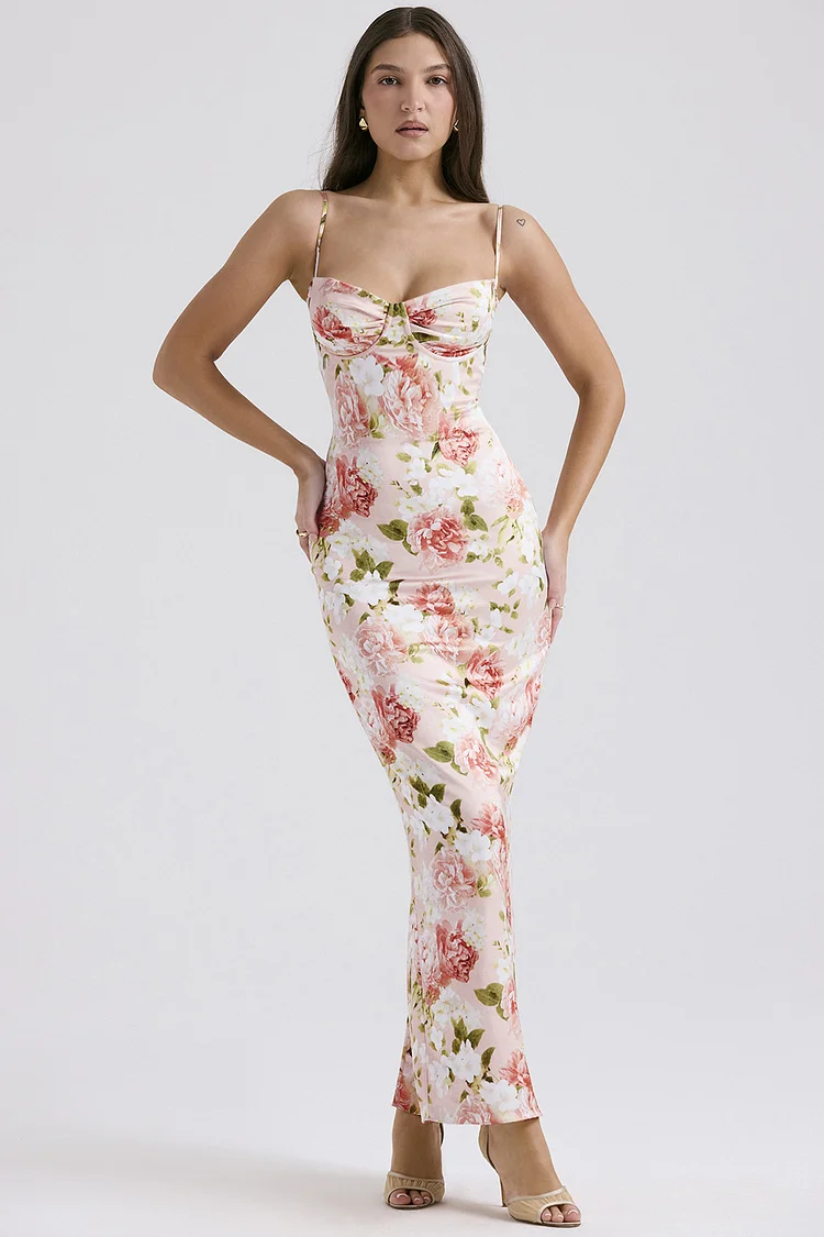 Semi Formal Pink Floral Print Cami Sheath Maxi Dress