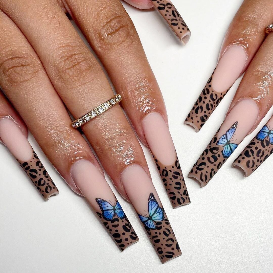 Fake Nails Chestnut Brown Leopard Butterfly Full Cover Fake Nails DIY Glue Press On Nails Nail Supplies For Professionals