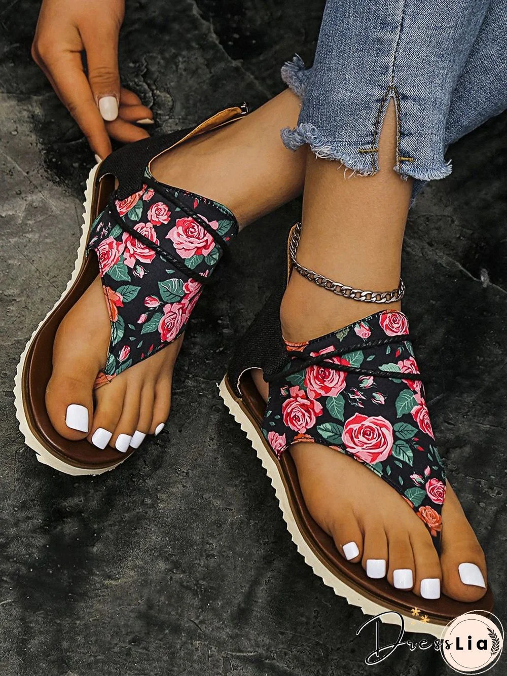 Rose Print Lace-up Thong Sandals