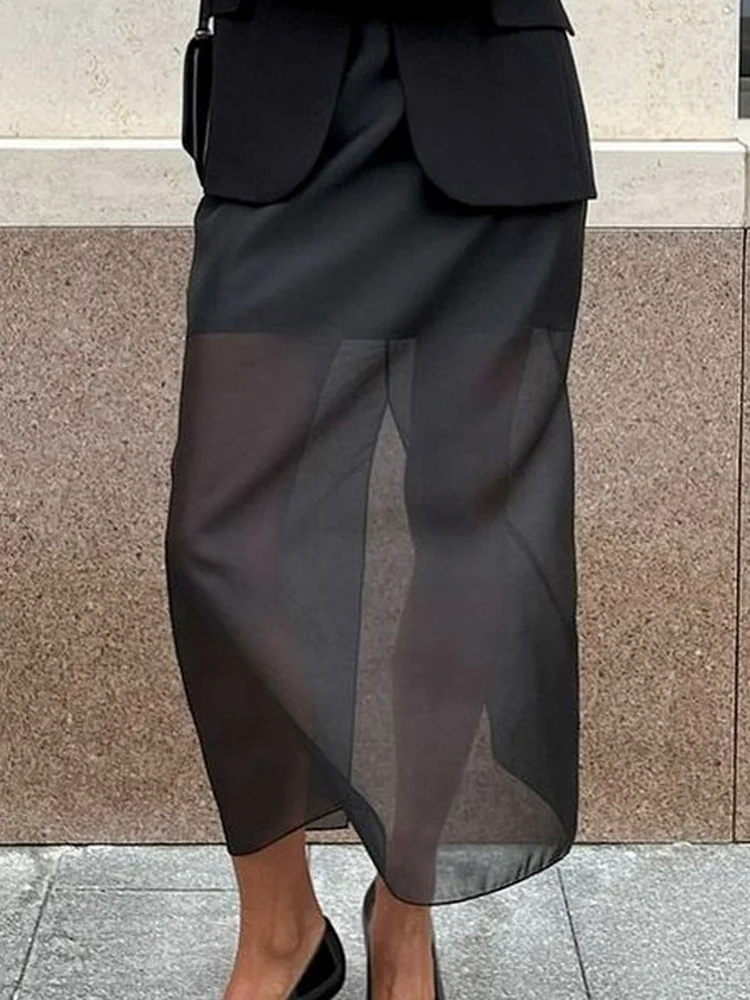 See-Through Solid Color Split-Joint Bodycon High Waisted Skirts Bottoms