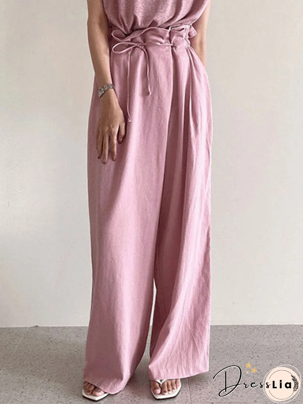 Ruffle Waist Solid Pocket Casual Loose Wide Leg Pants