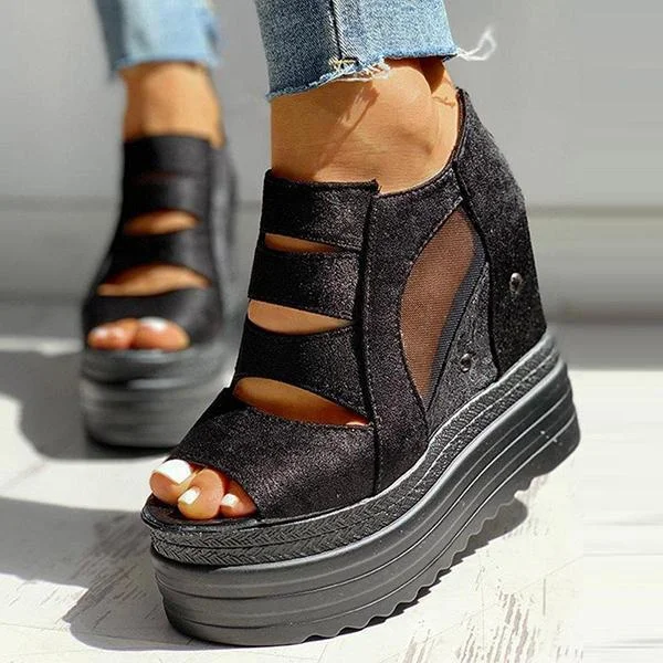 Side Zipper Peep Toe Patchwork Platform Sandals