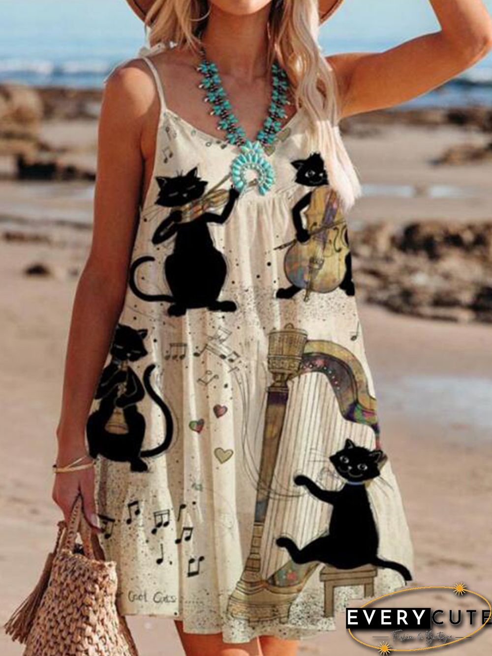 Summer Vintage Pattern Printed Beach Dress Women Casual Sling V-Neck Lace-up Mini Dress Ladies Fashion Sleeveless Loose Dresses