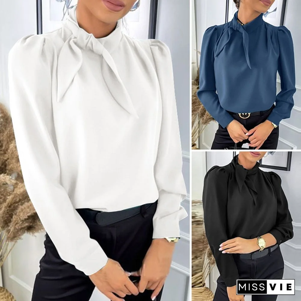 Women OL Formal Puff Sleeve Tie Neck Blouse Bow Blouse Plain Tops