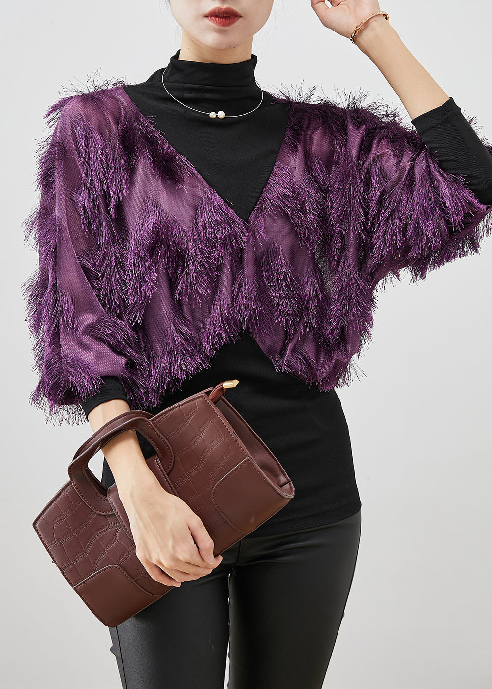 VCSHOES Purple Tasseled Patchwork Cotton Shirt Top Winter