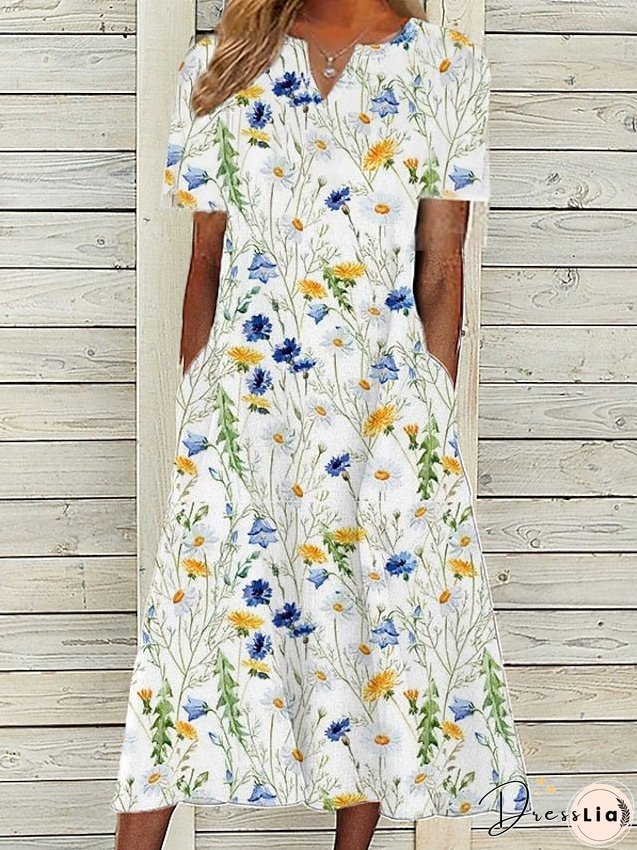 Women's Dress - Casual Dress Midi Dress White Short Sleeve Floral Pocket Spring Summer V Neck Vacation S M L XL XXL 3XL