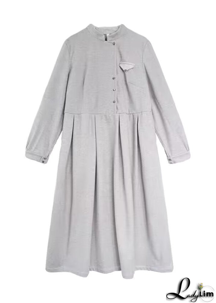 Casual Grey Stand Collar Wrinkled Patchwork Cotton Dresses Fall