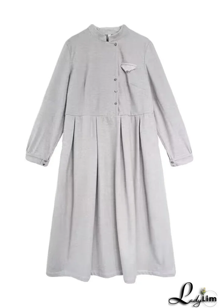 Casual Grey Stand Collar Wrinkled Patchwork Cotton Dresses Fall