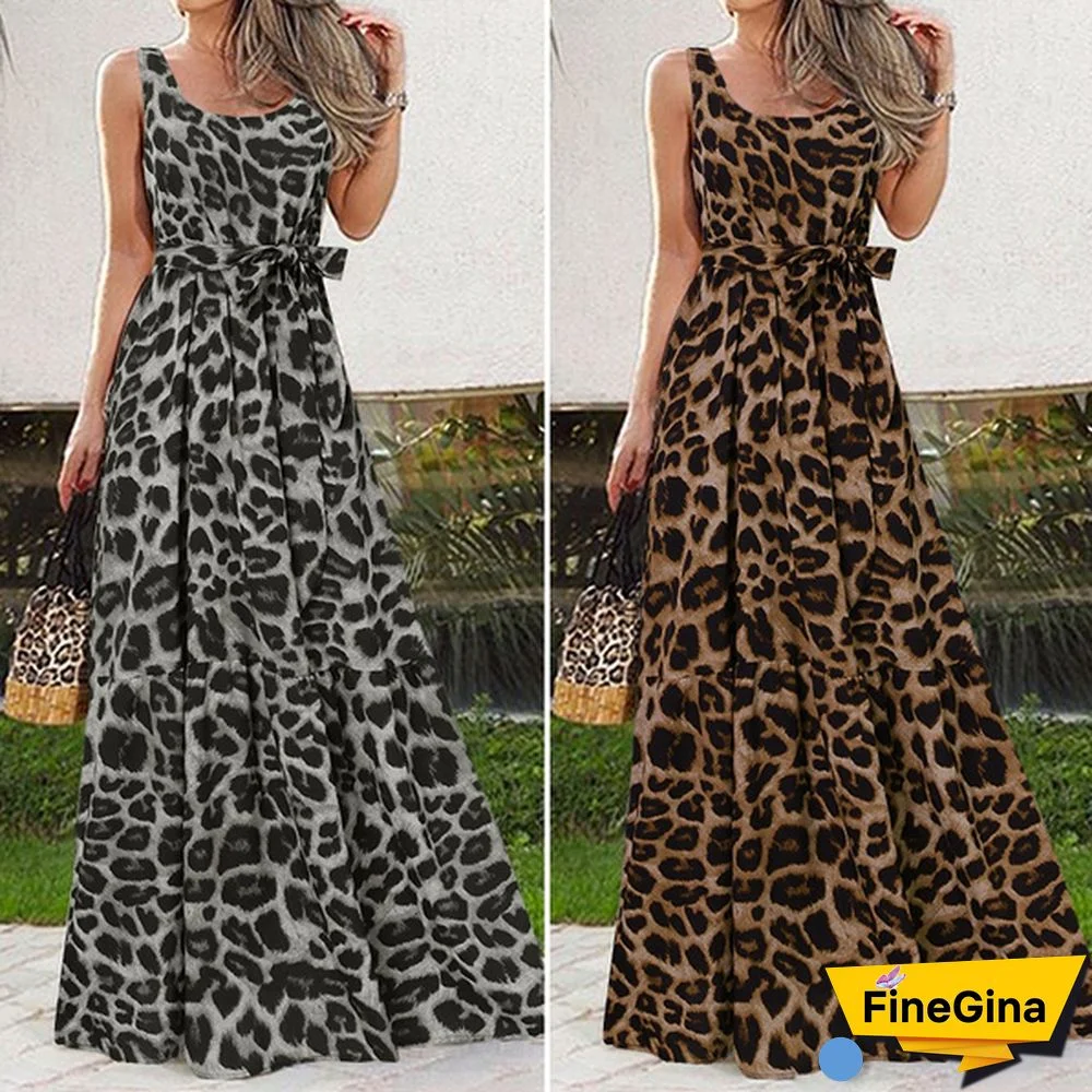 Women Summer Leopard Print Sleeveless Swing Long Dress Casual Fashion Loose Holiday A-line Dress Plus Size Vestidos