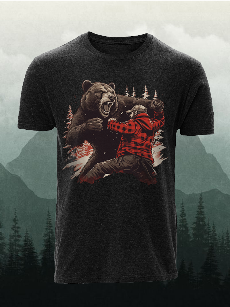 A man fighting with a bear, in the style of red, lunarpunk, Men's T-shirt in  mildstyles