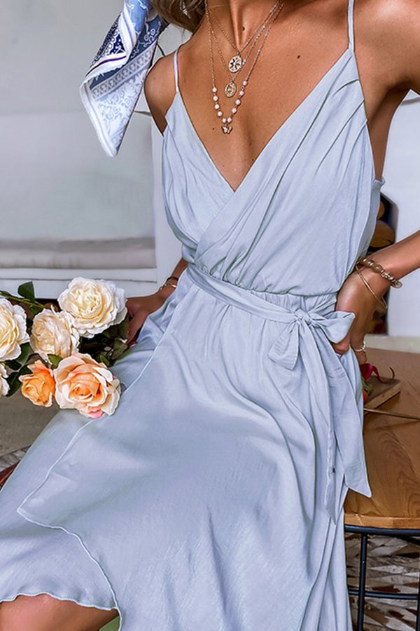 Solid Color Elegant Waist Strap Midi Dress（With Belt）