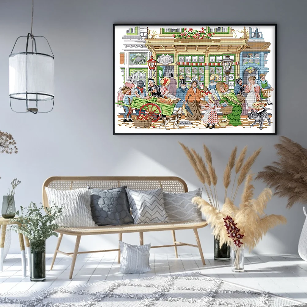 DIY Stamped Cross Stitch 14CT Partial Embroidery 48*36cm - Bustling Street Market