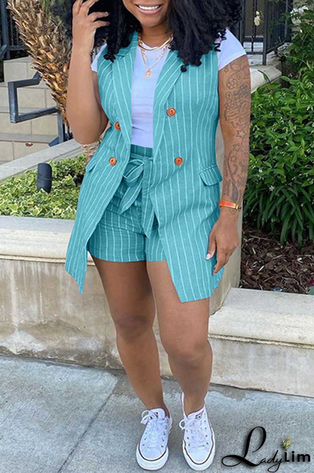 Black Fashion Casual Striped Print Patchwork Cardigan Turndown Collar Plus Size Two Pieces (Without T-shirt)