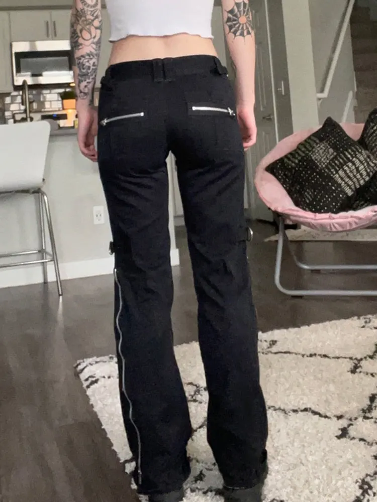 Rapcopter Metal Zipper Flare Jeans Goth Black Low Waisted Cargo Pants Pockets Punk Academic Fashion Sweatpants Women Korean Jean