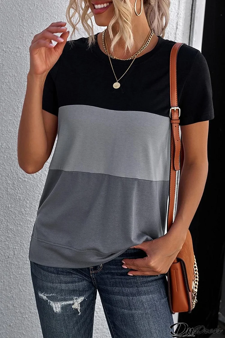 Color Block Side Slit Round Neck T-Shirt