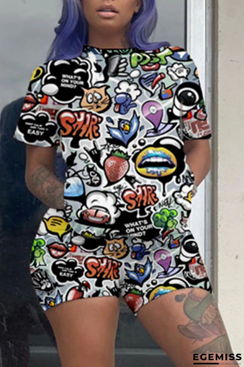 White Fashion Casual Print Basic O Neck Short Sleeve Two Pieces | EGEMISS