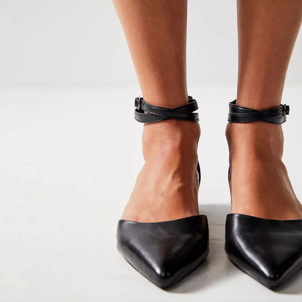 Black Back Zipper Pointed Toe Ankle Strap Flat Pumps for Women