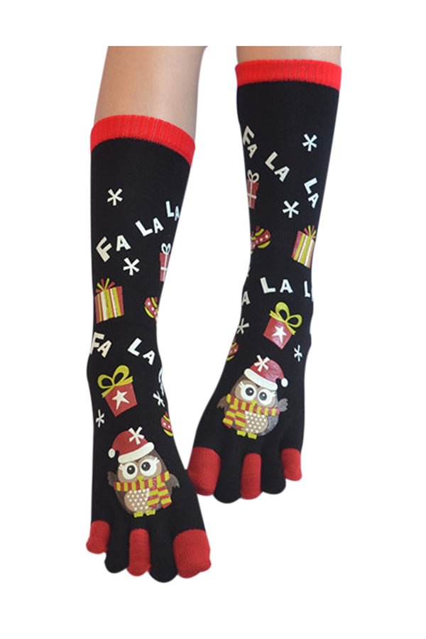 Cute Owl&Present Print Christmas Tube Toe Socks Black-elleschic