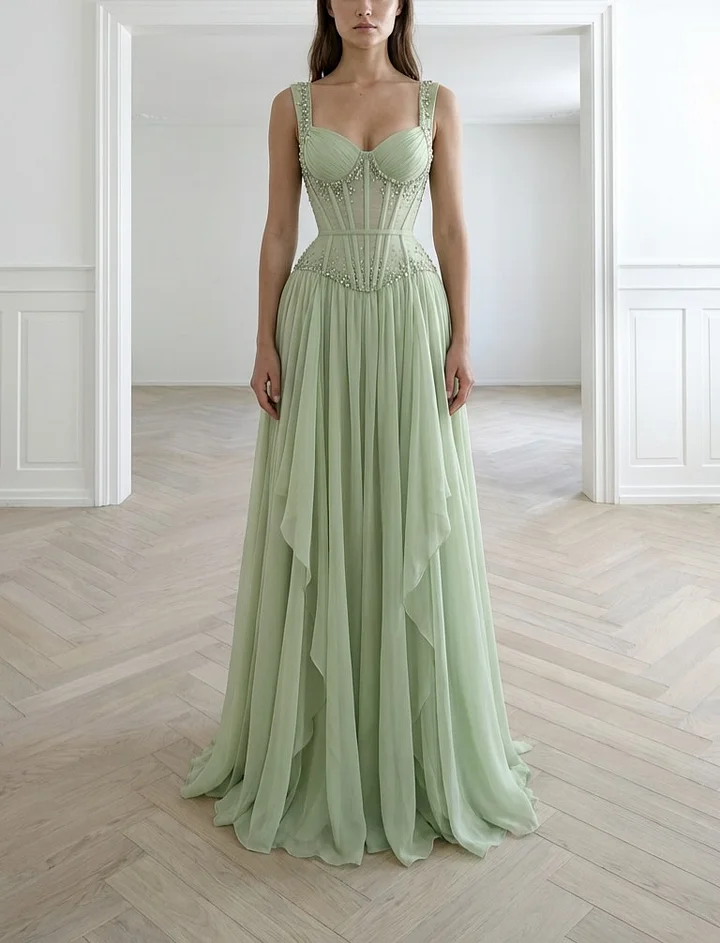 Lussooy Graceful Wide Straps Beaded Sleeveless Long Evening Dress