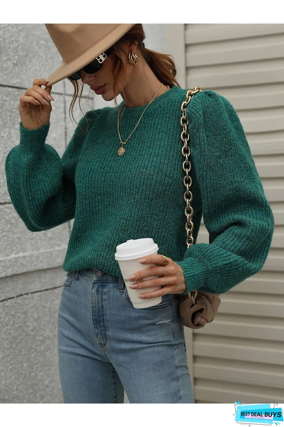 Heathered Long Lantern Sleeve Rib-Knit Sweater