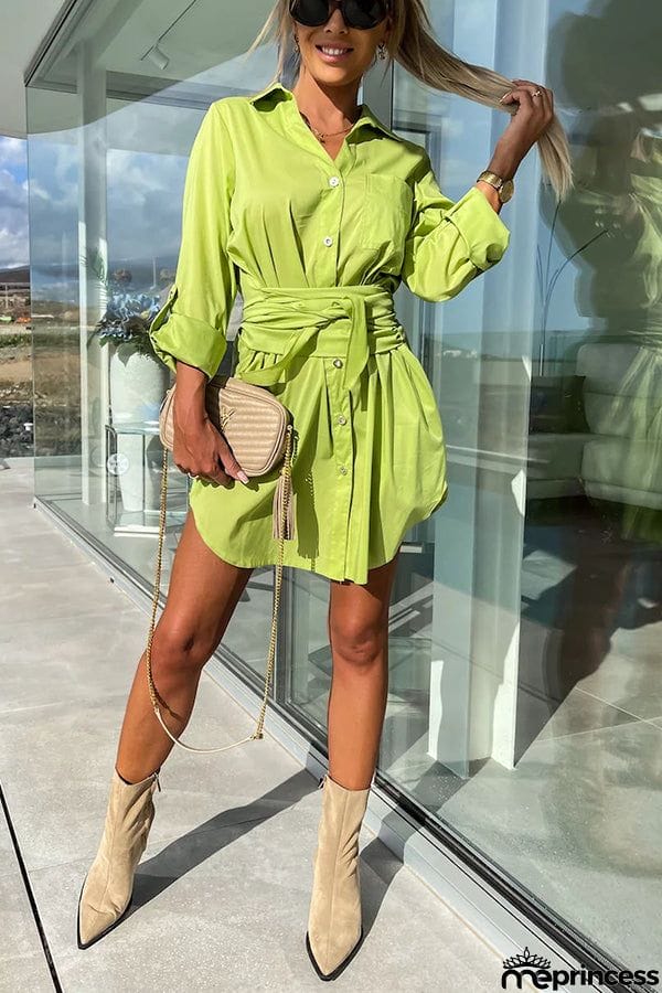 Sun Valley Tie Front Button Pocketed Shirt Mini Dress