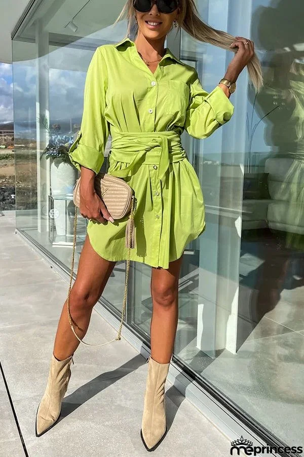 Sun Valley Tie Front Button Pocketed Shirt Mini Dress