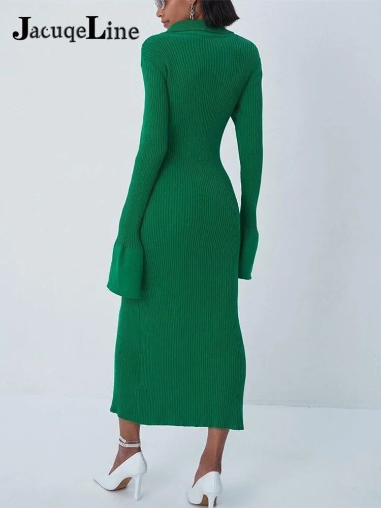 JacuqeLine Winter 2021 Green Evening Party Christmas Dresses For Women Clothing Knitted Sweater Split Sexy Bodycon Maxi Dress