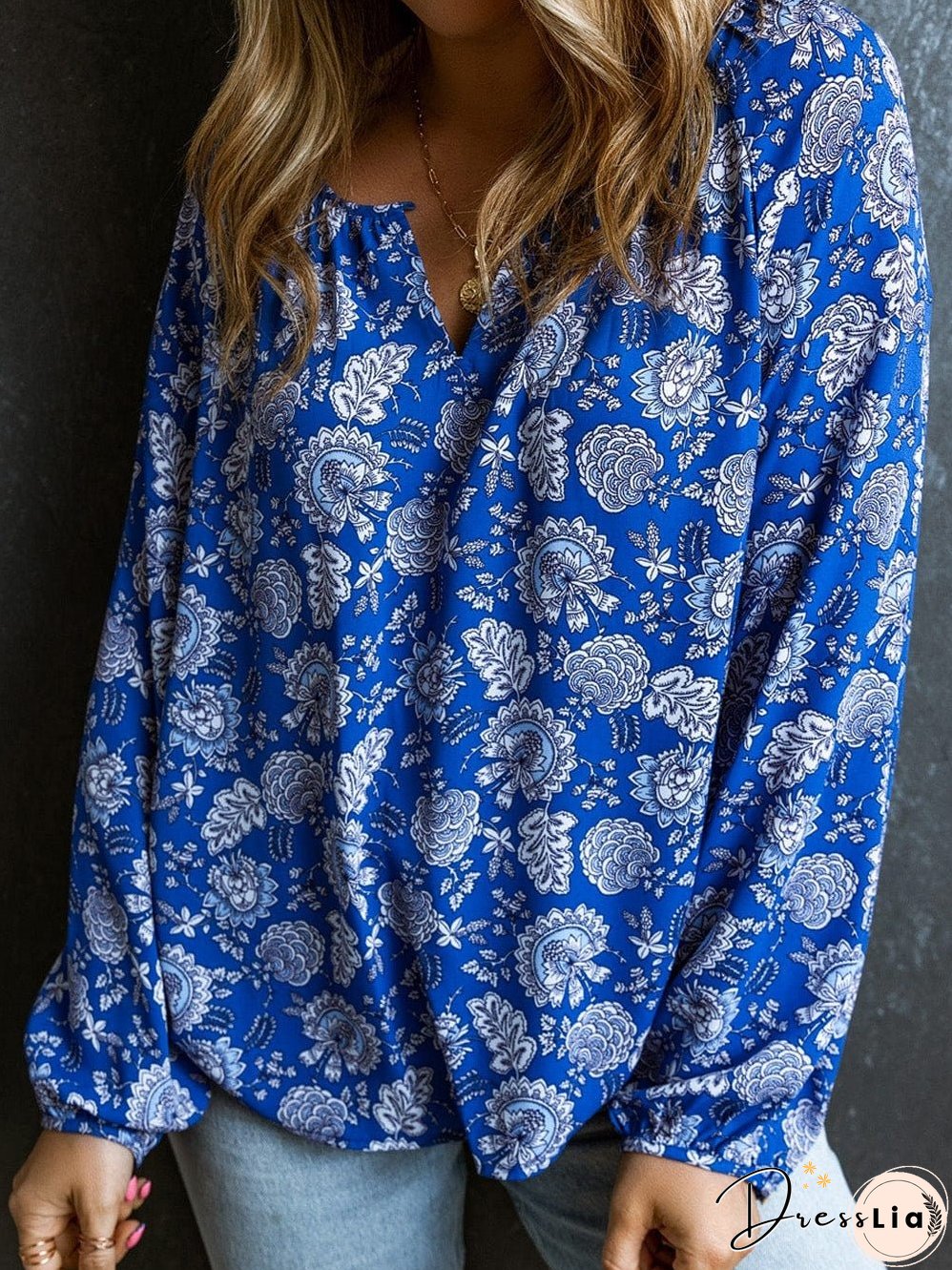 Blue Floral Notched V-Neck Long Sleeve Shift Blouse