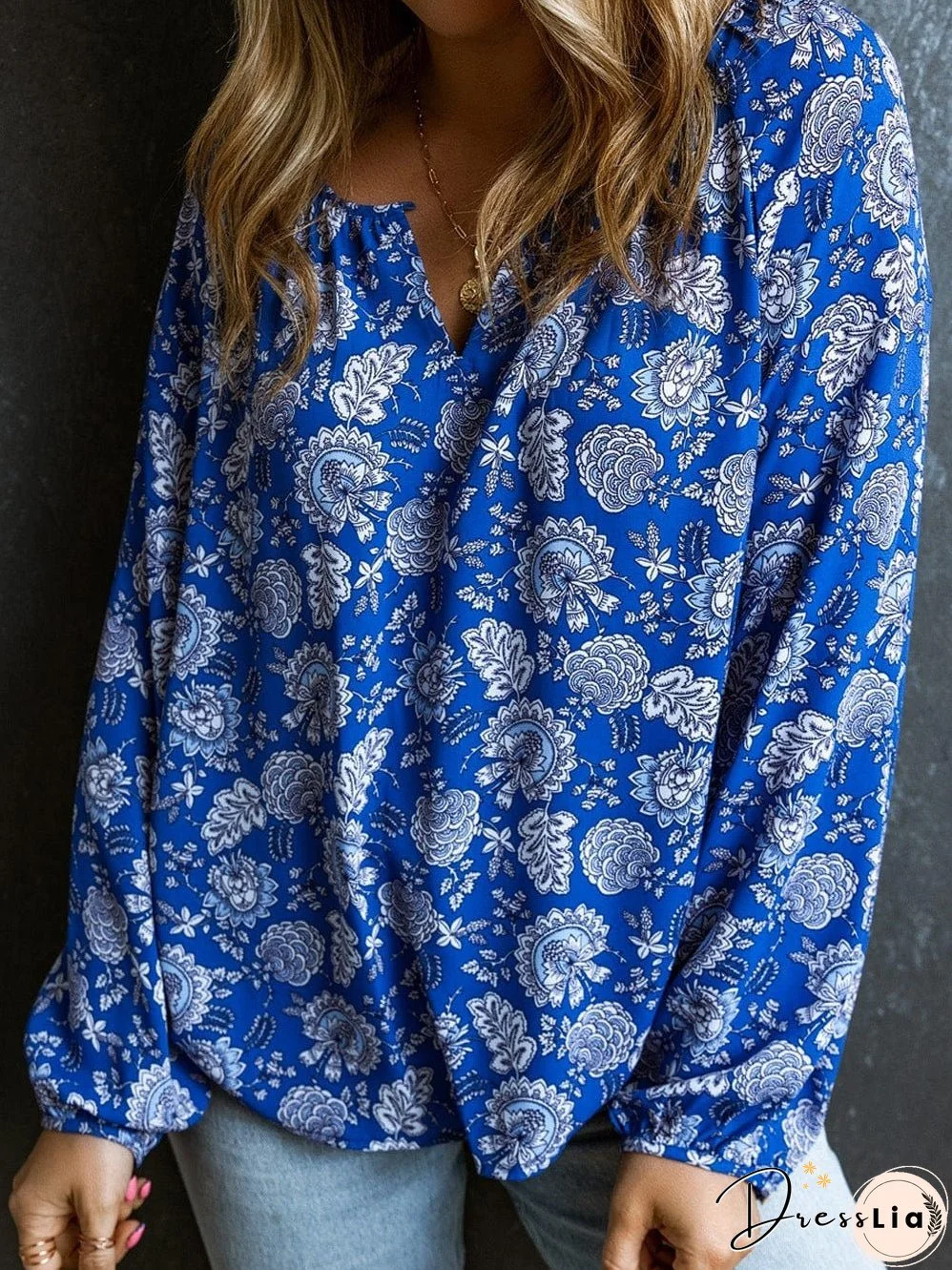 Blue Floral Notched V-Neck Long Sleeve Shift Blouse
