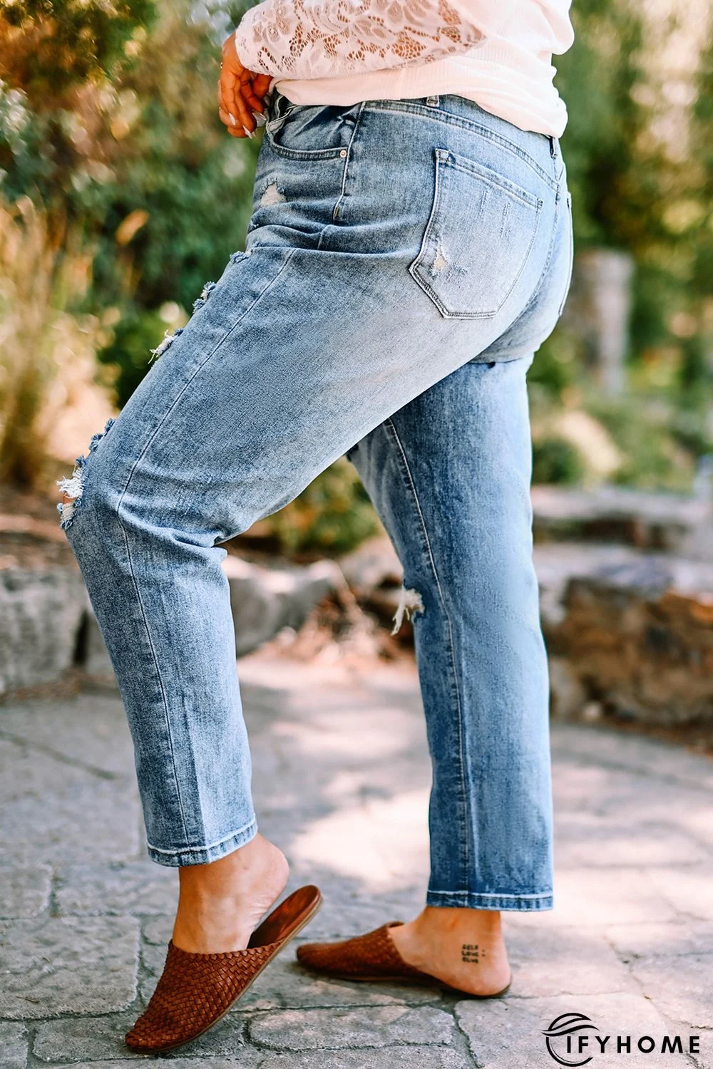 Blue Plus Size Distressed Slit Vintage Jeans | IFYHOME