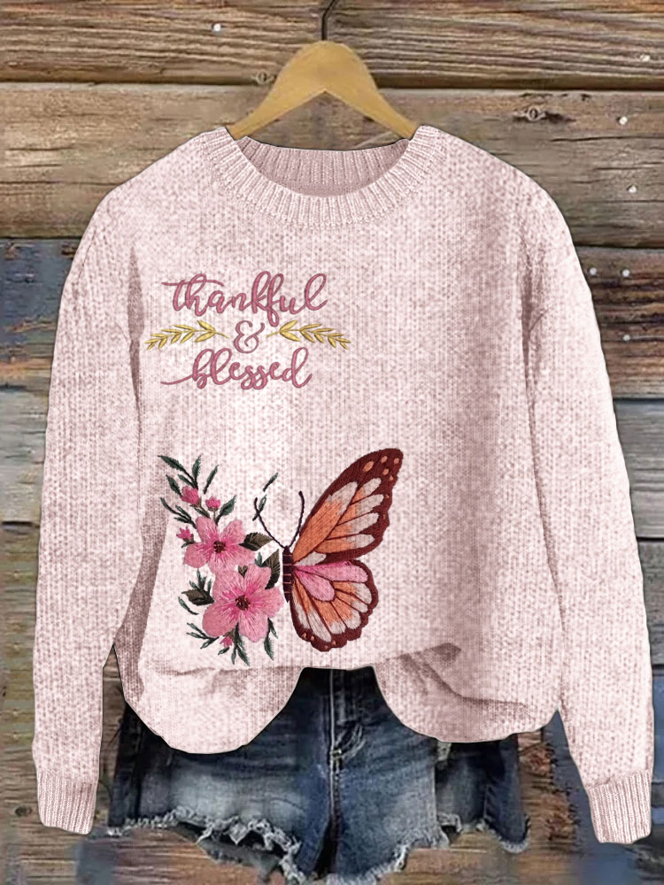 Pink Consciousness Blessed Butterfly Embroidered Sweater