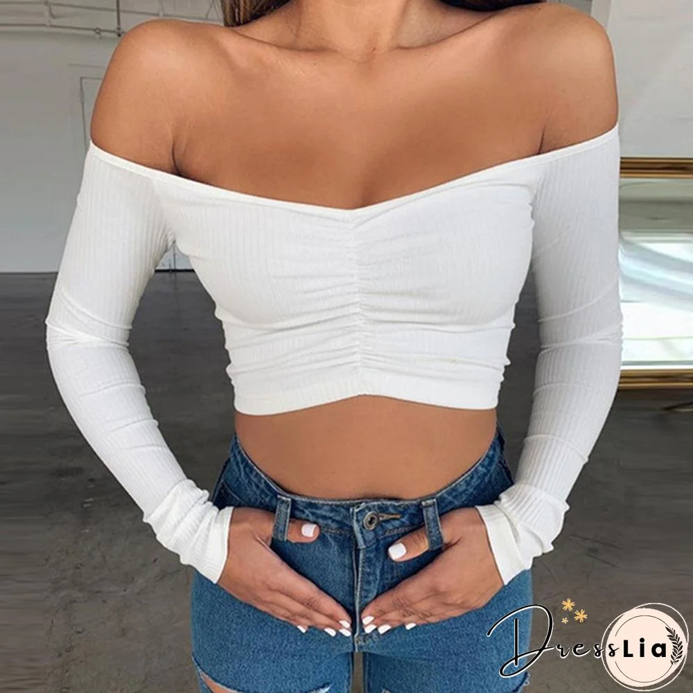 Summer Shirt T-shirt Casual Lady Long Sleeve Wrapped Chest Word Shoulder Fashion Tops