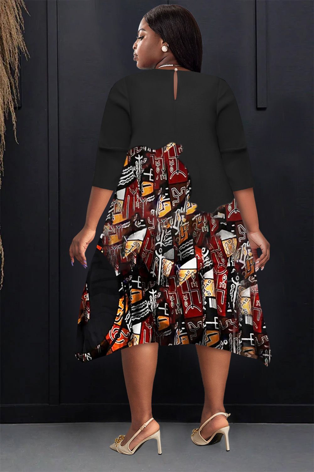 Plus Size Casual Black Ankara Spring Summer Round Neck Half Sleeve Knitted Midi Dresses [Pre-Order]