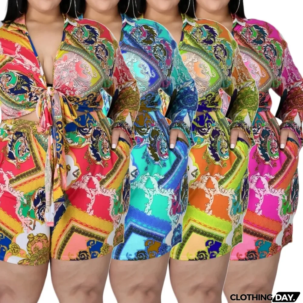 Summer Plus Size Print Long Sleeve Knotted Blouse and Matching Shorts 2PC Set