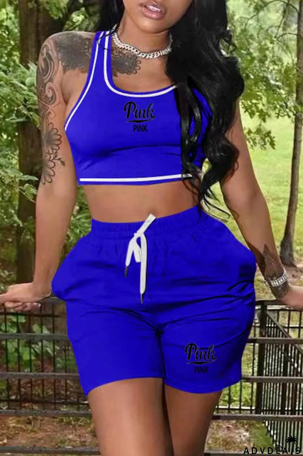 Blue Casual Print Letter U Neck Sleeveless Two Pieces