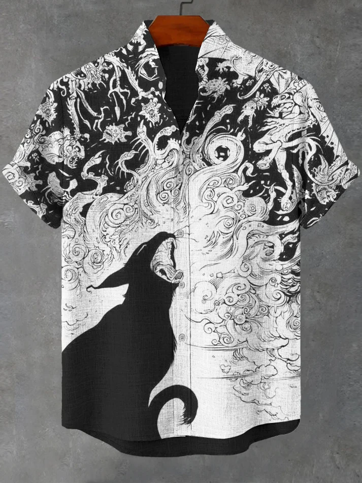 Men's Roaring Demon Black Cat Art Print Linen Blend Shirt