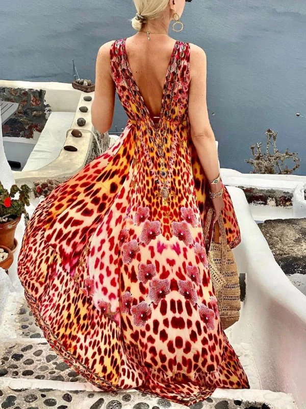 sexy floral big backless women's long dress