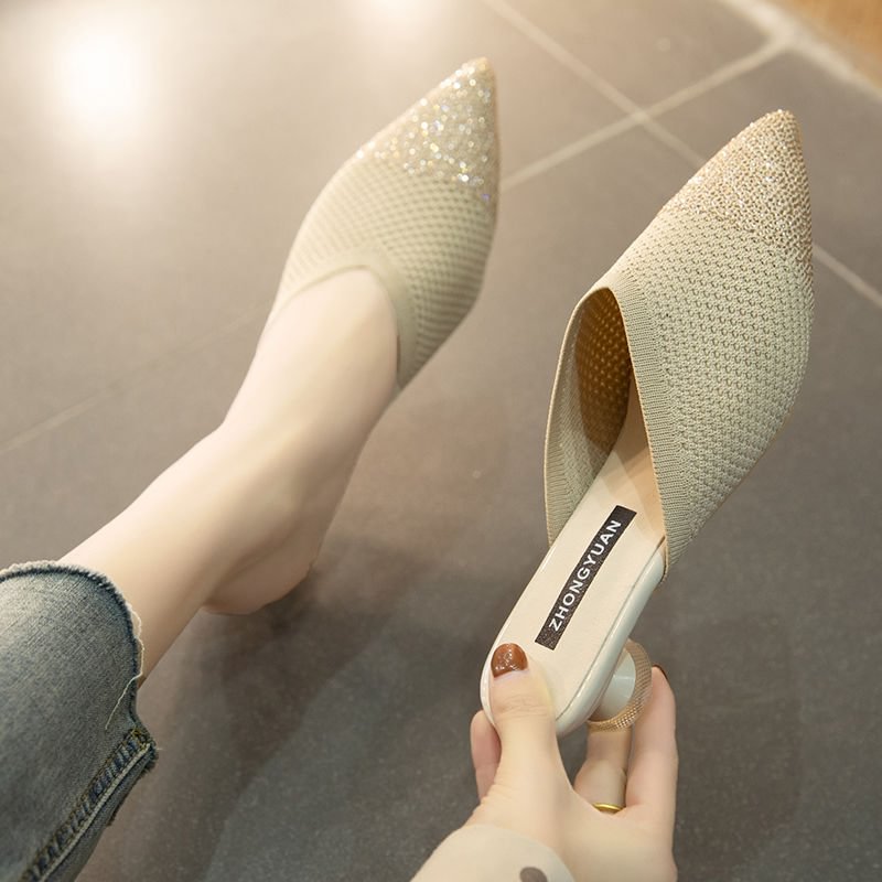 2020 Spring New Net Celebrity Rhinestone Pointed Toe Women Sandals Wear Baotou Half Slippers All-match Cat and Mule Shoes Women