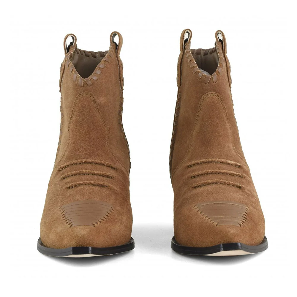 Women's Tan Pointed Toe Mid Block Heel Short Cowgirl Booties