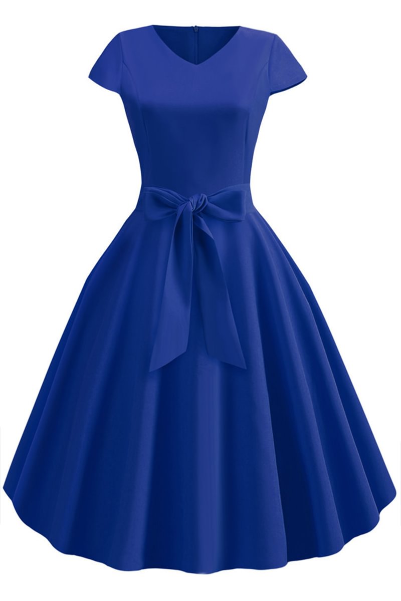 1950s Royal Blue Party V Neck Bow Swing Bell Midi Dress