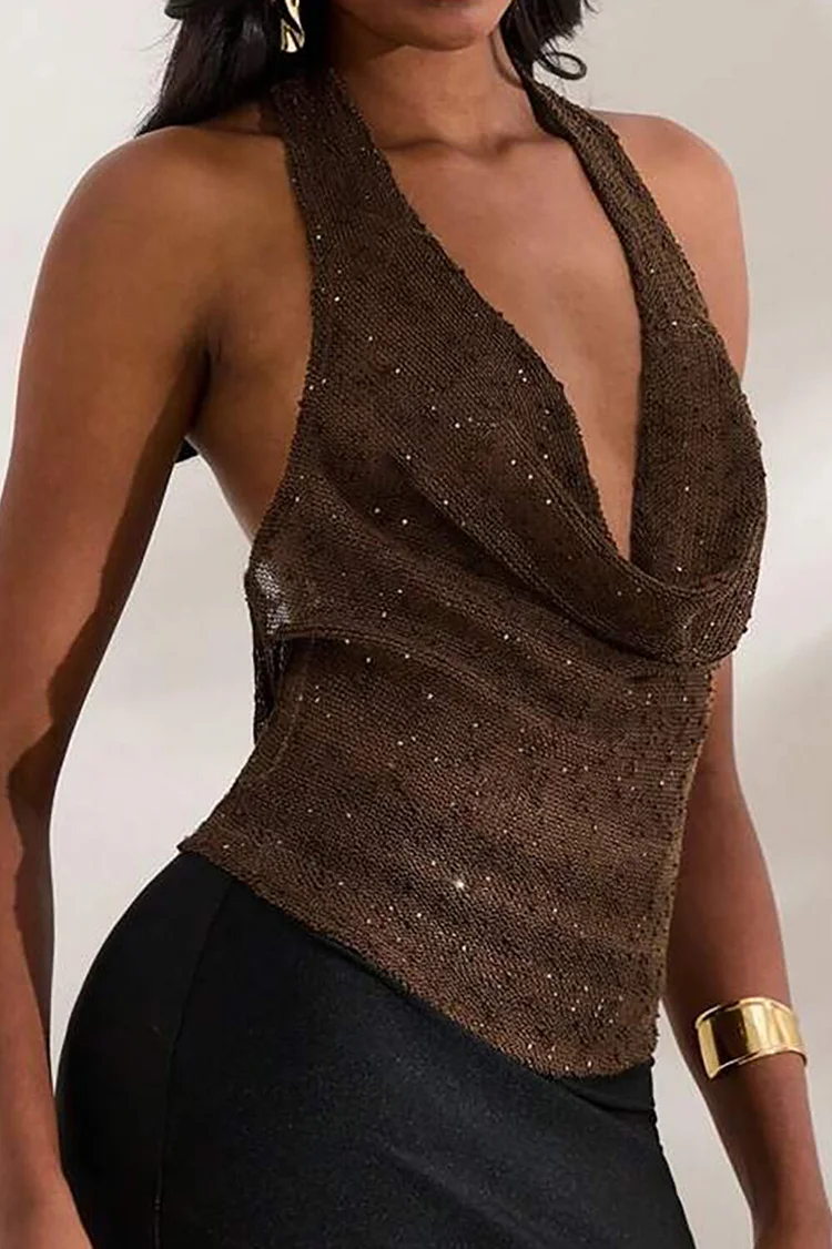 Knit Cowl Neckline Halter Shimmering Slim Fit Top-Brown