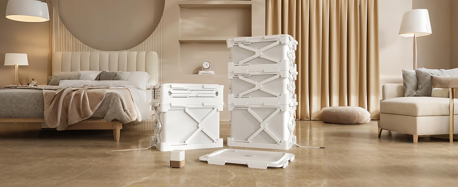 真空壓縮折疊收納箱客廳使用場景，純白極簡外觀融入現代居家風格